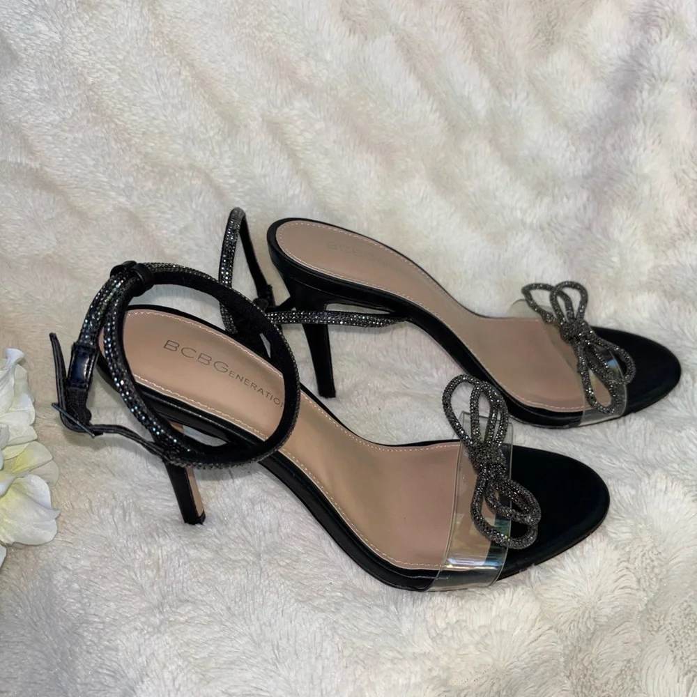 BCBGeneration Black Crystal Bow Ankle-Strap Heels size 8.5